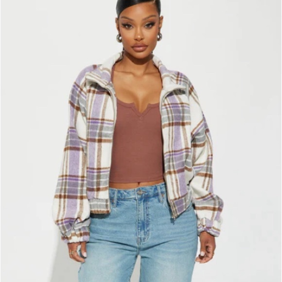 HYFVE Jackets & Blazers - Small Plaid Women's Cropped Shacket Jacket in Purple and White